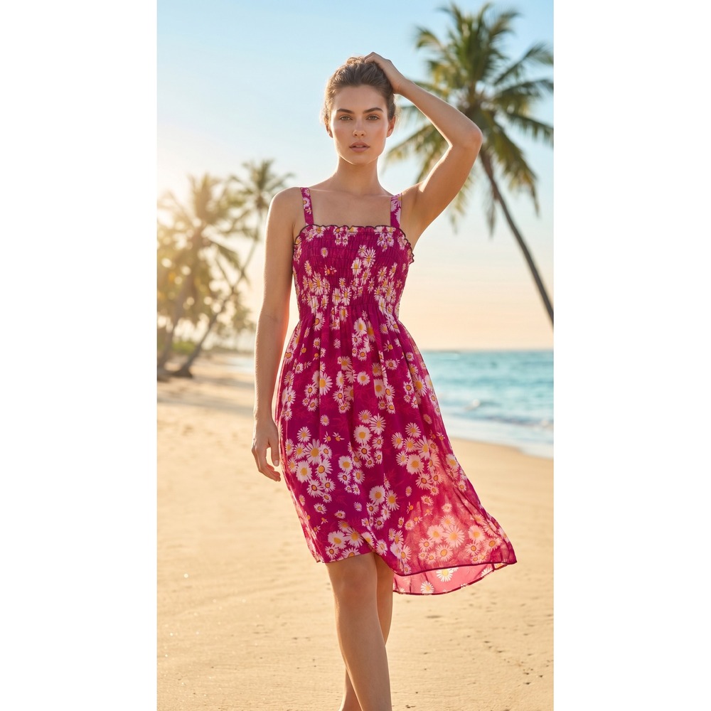 Pink Daisy Floral Smocked Bodice Sundress Casual Sleeveless Knee Length XL